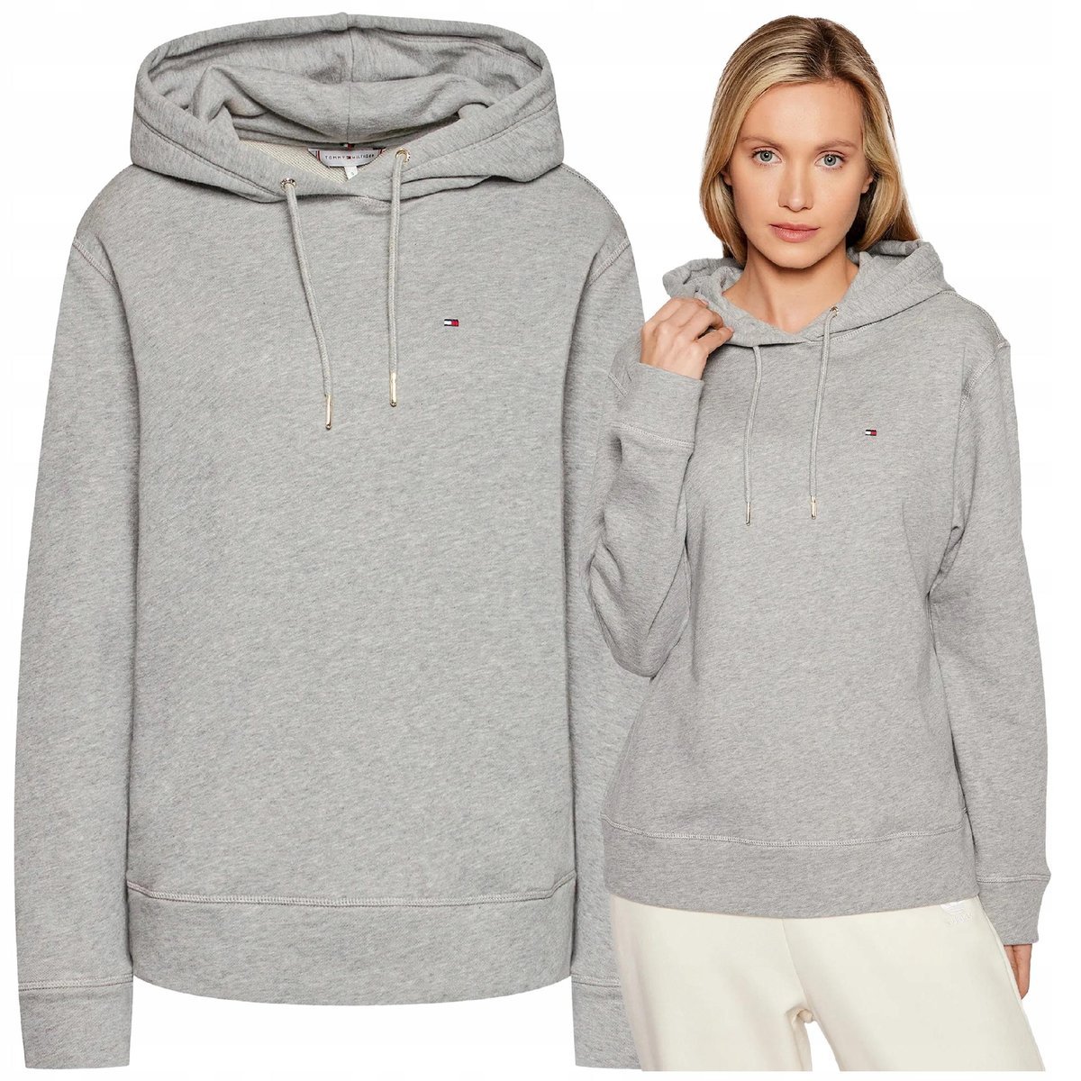 Tommy Hilfiger Damska Bluza z kapturem Szara Bawełniana Basic Piękna r.M