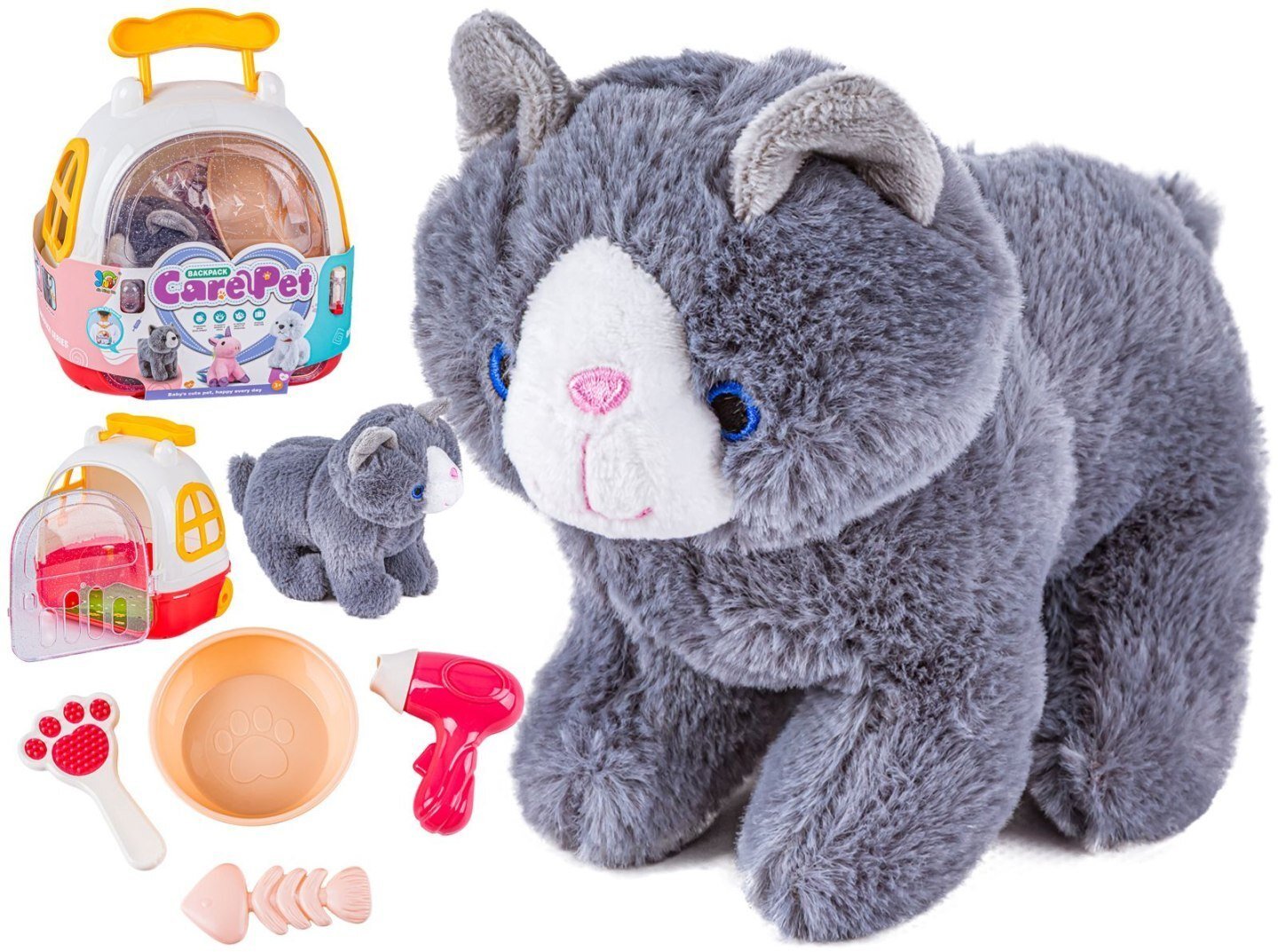 LeanToys KOTEK Z TRANSPORTEREM ZESTAW DO PIELĘGNACJI KOTA MASKOTKA PLECAK AKCESORIA