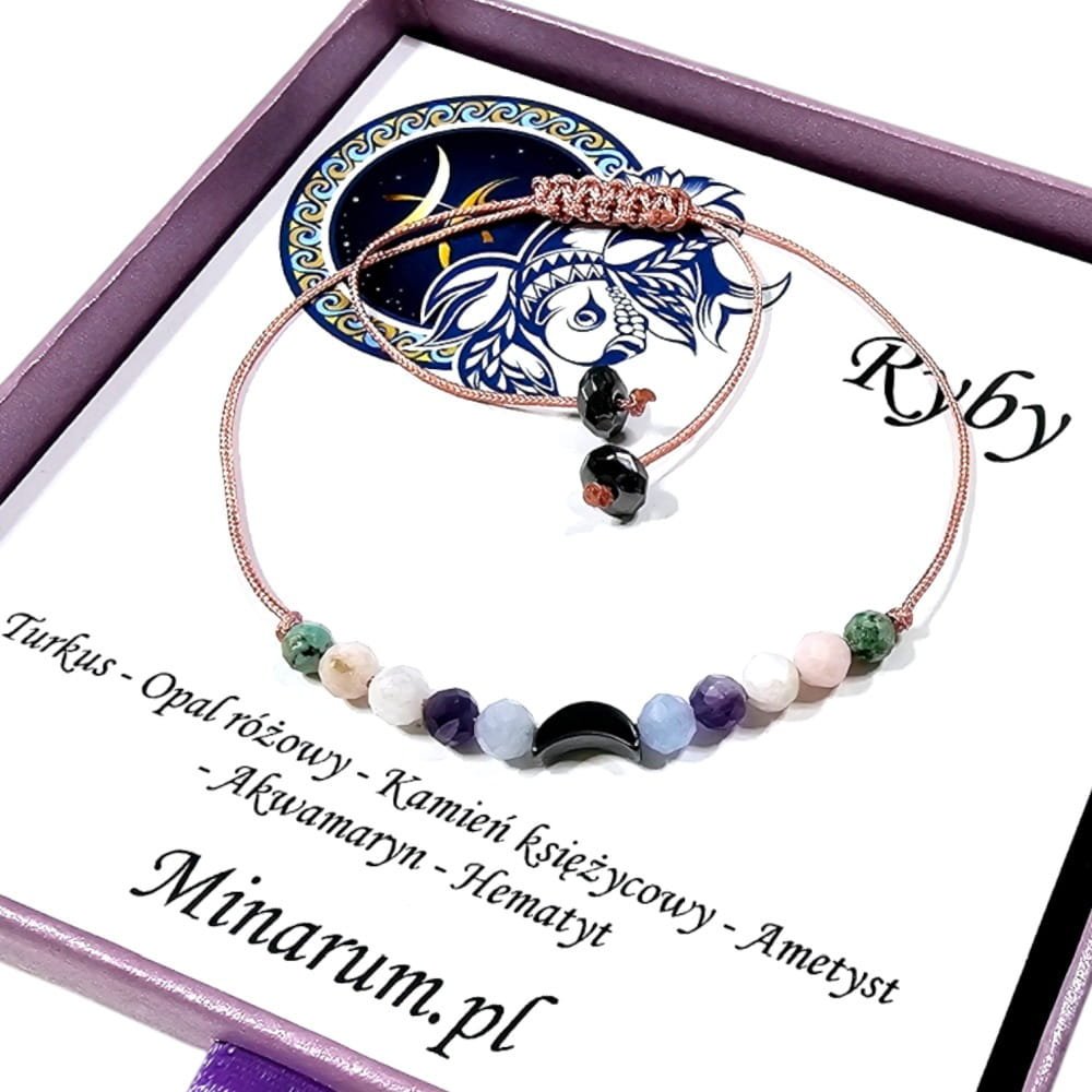Bransoletka znak zodiaku Ryby Akwamaryn Turkus Kamień Księżycowy bransoletka z kamieni naturalnych