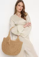 Torebki damskie - Ciemnobeżowa Okrągła Torebka Pleciona w Stylu Boho z Ozdobnym Chwostem Karasa - miniaturka - grafika 1