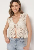 Kamizelki damskie - Beżowa Szydełkowa Kamizelka z Bawełny z Wiązaniem Folicea - miniaturka - grafika 1