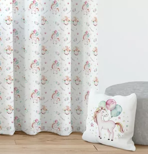 Zasłona magiczny jednorożec z balonami i tęczą, biała, 150x150cm - Firany i zasłony dla dzieci - miniaturka - grafika 1
