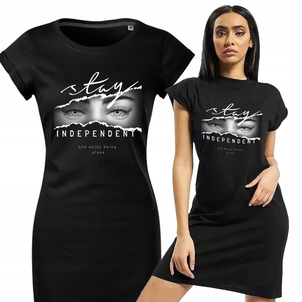 PIŻAMA DAMSKA CZARNA Koszula Nocna Na Prezent STAY INDEPENDENT Wzory - M