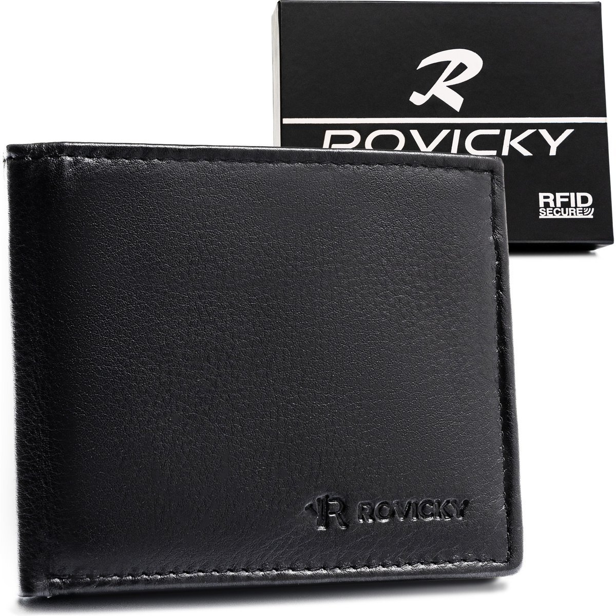 Mały portfel męski ROVICKY skórzany bez zapięcia ochrona kart RFID elegancki na prezent czarny