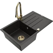 Zlewozmywaki z baterią - Mexen Bruno zlewozmywak granitowy 1-komorowy z ociekaczem i baterią kuchenną Elia, czarny/złoty metalik - miniaturka - grafika 1