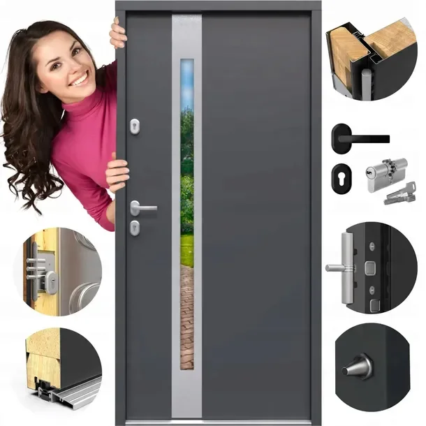 Drzwi Zewnętrzne GERDA SELECT Ciepłe Milano INOX Antracyt LUSTRO 90cm Lewe