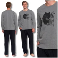 Piżamy damskie - Piżama Męska Dwuczęściowa Długi Rękaw i Spodnie Nadruk Wilka Moraj M - miniaturka - grafika 1