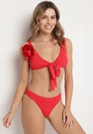 Stroje kąpielowe - Czerwone Bikini Biustonosz z Odpinanym Kwiatem 3D Majtki Typu Figi i Siateczkowe Pareo Folane - miniaturka - grafika 1