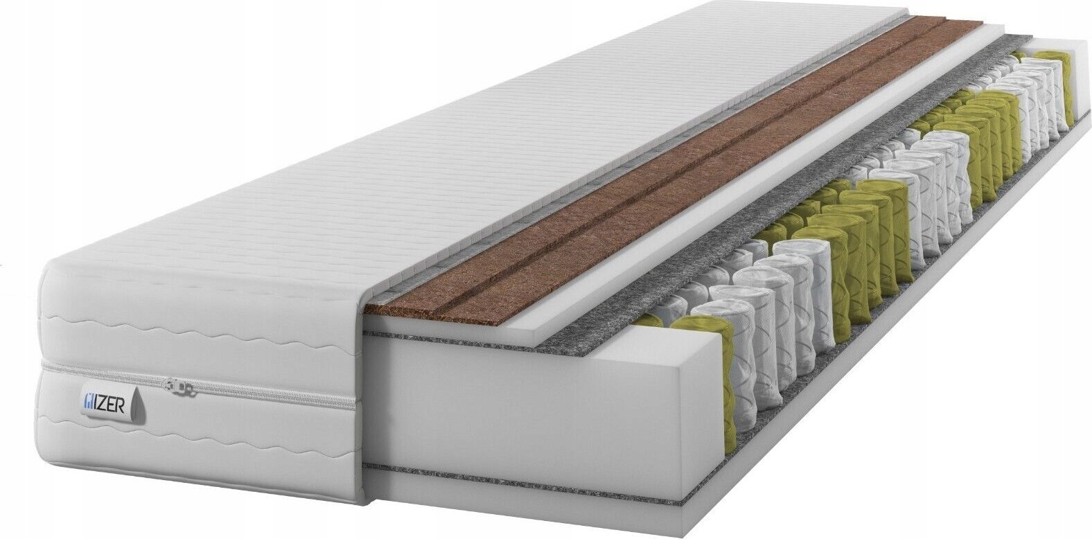 Materac sprężynowy GoldPLUS+ 70x190 Podwójny KOKOS Dwustronny H3/H5 7 stref Rdzeń ze sprężyn kieszeniowych Pokrowiec pikowany