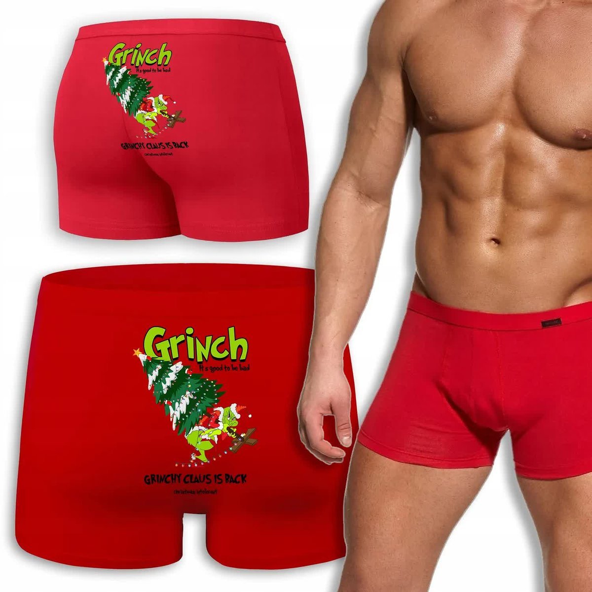 BOKSERKI MĘSKIE CZERWONE Na Prezent Święta GRINCHY CLAUS IS BACK Wzory - M