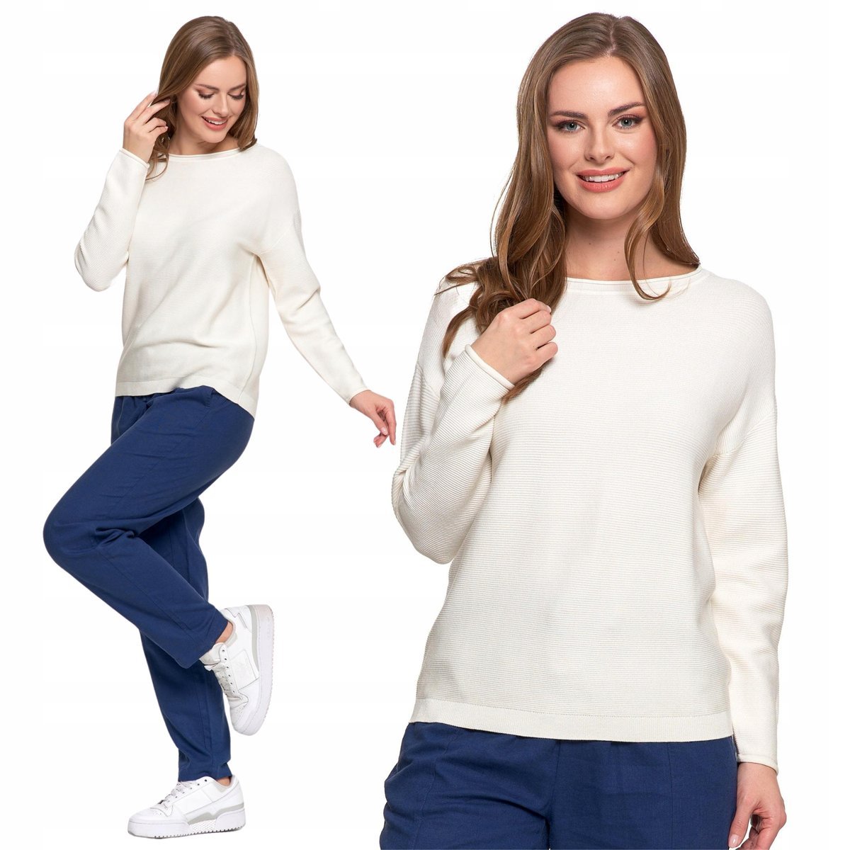 SWETER DAMSKI KLASYCZNY DZIANINOWY Z WISKOZY DŁUGI RĘKAW LUŹNY MORAJ XXL WHITE