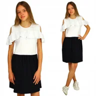 Sukienki - Sukienka Z FALBANKĄ SZKOŁA Biało-Granatowa 128 - miniaturka - grafika 1