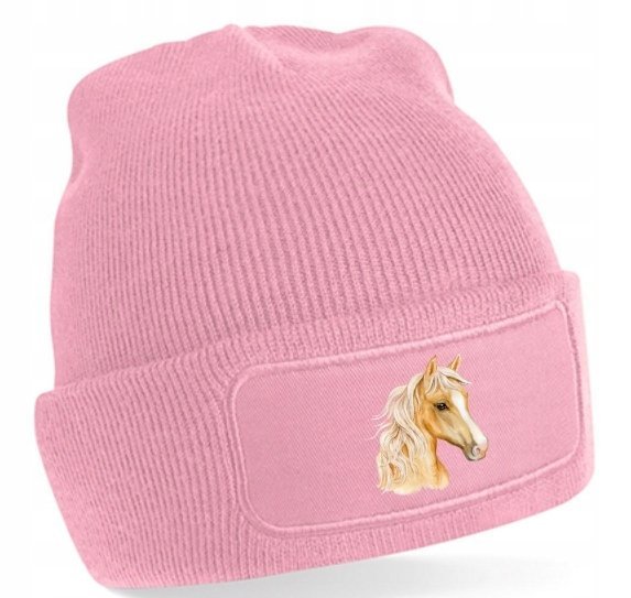 CIEPŁA CZAPKA ZIMOWA RÓŻOWA NA PREZENT Z LOGO KOŃ DAMSKA DZIEWCZĘCA BEANIE