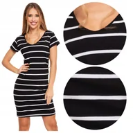Sukienki - Kobieca Elegancka Czarna SUKIENKA LETNIA Tuba Damska w Paski MORAJ r. S - miniaturka - grafika 1