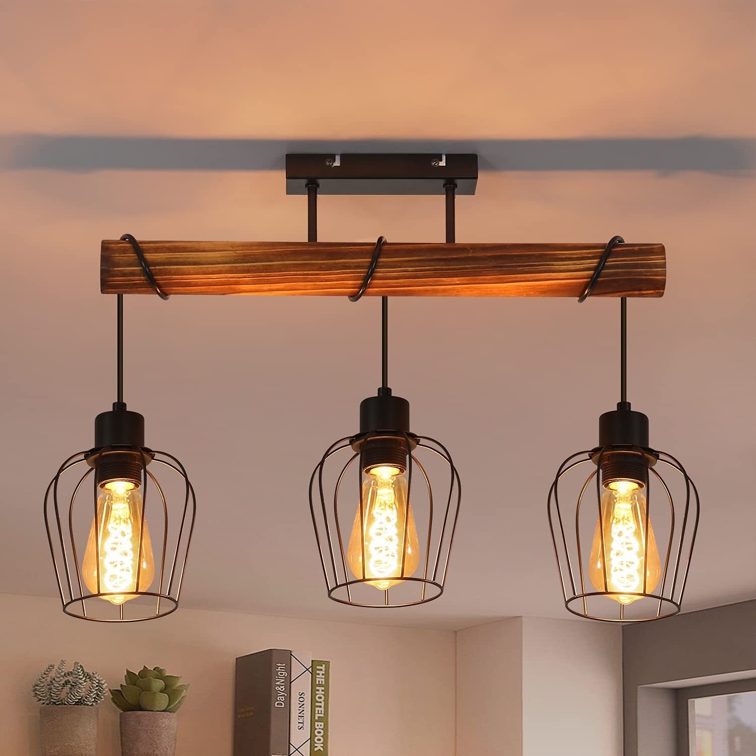 ZMH lampa sufitowa retro vintage 3-płomienna drewniana lampa sufitowa lampa do salonu lampa przemysłowa z regulacją wysokości reflektory metalowe drewno czarne E27