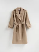 Marynarki i żakiety damskie - Reserved - Dwurzędowy płaszcz z paskiem - beżowy - miniaturka - grafika 1