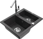Zlewozmywaki z baterią - Mexen Carlos zlewozmywak granitowy 1,5-komorowy z baterią kuchenną Flora, czarny nakrapiany - 6518-76-670401-00 - miniaturka - grafika 1