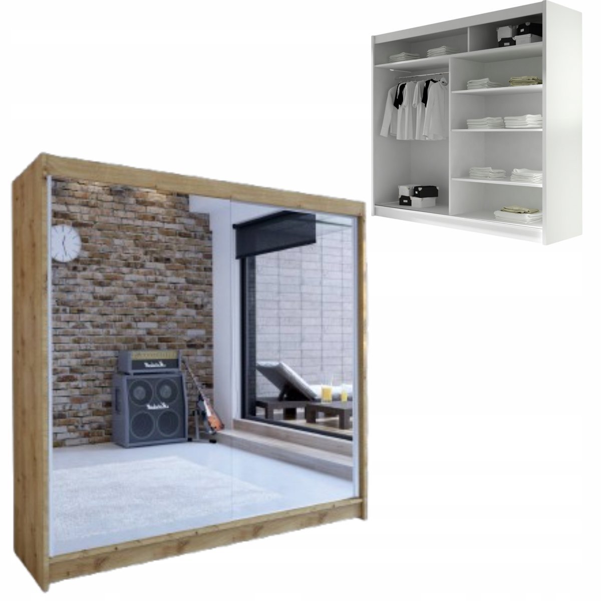 SZAFA przesuwna z 2 x LUSTRO GARDEROBA TUNIS 180cm pojemna PÓŁKI drążek