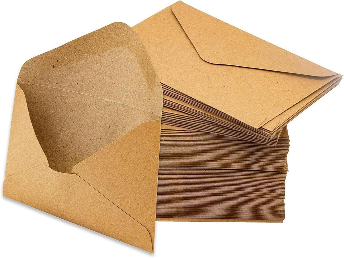 Koperty z papieru typu kraft, 100 sztuk DIN C6 (16 x 11 cm), koperty w stylu vintage, koperty z klejeniem na mokro, spiczasta klapka, bez okienka, n..