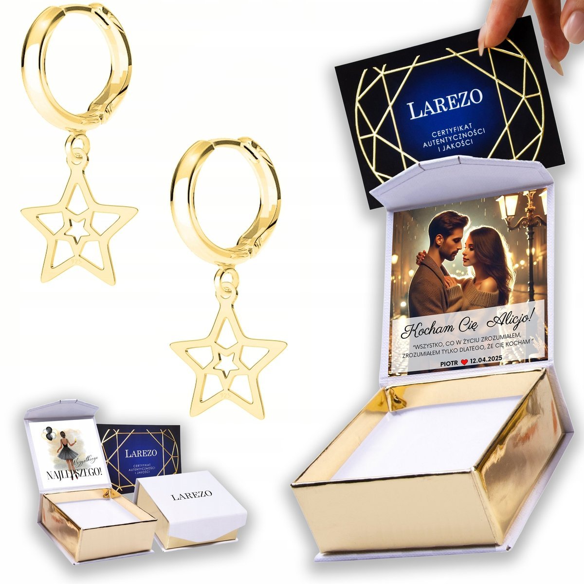 Złote Kolczyki 925 Blaszki z Gwiazdami Star Gwiazdy Gwiazdki NADRUK