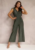 Kombinezony - Ciemnozielony Kombinezon z Szerokimi Nogawkami i Gumkami w Talii Adriannae - miniaturka - grafika 1