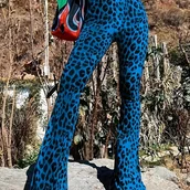 Inne - TEMU Damskie spodnie rozkloszowane z nadrukiem w panterkę, wykonane z rozciągliwej mieszanki poliestru, nadające się do prania w pralce, - miniaturka - grafika 1