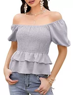 Bluzki damskie - KOJOOIN T-shirt damski na lato, krótki rękaw, falbanki, tunika, elegancka, prostokątna bluzka z odkrytymi ramionami, na co dzień (opakowanie wielokrotnego użytku), szary/niebieski, S - miniaturka - grafika 1