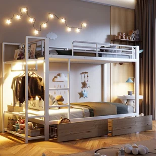 Łóżko piętrowe 2 x 90 x 200 cm z 2 szufladami, półkami i szafą - Rama żelazna - Diody LED - Białe (Materace nie są dołączone) - Łóżka dla dzieci i młodzieży Łóżko piętrowe 2 x 90 x 200 cm z 2 szufladami, półkami i szafą - Rama żelazna - Diody LED - Białe (Materace nie są dołączone) - Łóżka dla dzieci i młodzieży - miniaturka - grafika 1