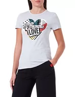 Koszulki i topy damskie - Love Moschino Damska koszulka slim fit z krótkim rękawem z patchworkowym nadrukiem serca, Melange Light Gray, 38 - miniaturka - grafika 1