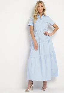 Niebieska Taliowana Sukienka z Bawełny w Koszulowym Stylu z Imitacją Kieszeni Masefia - Sukienki - miniaturka - grafika 1