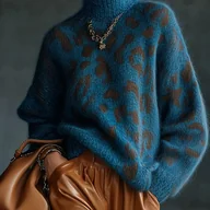 Swetry damskie - TEMU Bluzka damska w leopardzie z kolorowymi blokami - Luźny sweter z długim rękawem na zimę, idealny do stylizacji profesjonalnych i casualowych, - miniaturka - grafika 1