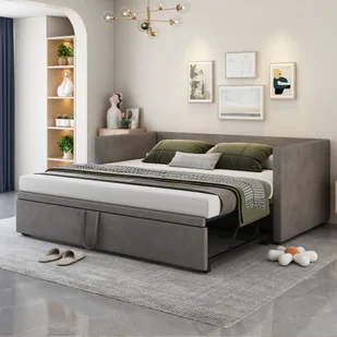 Łóżko rozkładane Merax 90x200cm/180x200cm, rozkładana sofa z listwowym stelażem i podłokietnikami, łóżko tapicerowane aksamitem łóżko dziecięce sofa rozkładana - Sofy i kanapy - miniaturka - grafika 1