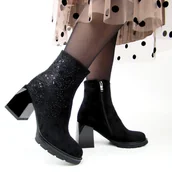 Botki damskie - S.Barski MR880-130 Botki damskie eleganckie na klocku ocieplane czarne - miniaturka - grafika 1