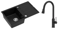 Zlewozmywaki z baterią - Quadron Unique Zlewozmywak granitowy jednokomorowy 78*50*22 cm z ociekaczem MORGAN 111 PURE CARBON z syfonem Push-2-Open w kolorze stalowym z baterią JESSICA Q LINE PURE CARBON z wyciąganą wylewką i funkcją prysznica kolor czarny mat - miniaturka - grafika 1