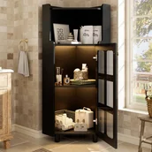 Szafki łazienkowe - Narożna szafka łazienkowa z 1 drzwiami szklanymi i 1 otwartą przegrodą - 63,5 x 45 x 124 cm - MDF - Diody LED - Czarna - miniaturka - grafika 1