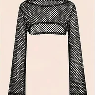 Swetry damskie - TEMU Y2K Rybaczka Ażurowy Skrócony Sweter, Długi Rękaw Jednolity Narzutka Na I Wiosnę, Odzież Damska - miniaturka - grafika 1