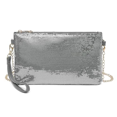 Miss Lulu Damska modna torebka z cekinami, mini kopertówka, mała damska torebka na ramię, na wesela, randki i różne okazje, srebro