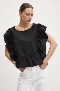 Bluzki damskie - Sisley bluzka bawełniana damska kolor czarny gładka - grafika 1