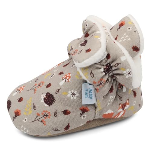 Dotty Fish Bawełniane buciki dziecięce z zamszową podeszwą, ciepła podszewka polarowa, regulowane, antypoślizgowe buty wstępne, unisex, rozmiary 0-24 miesięcy, Brązowy ze zwierzętami leśnymi, 18-24