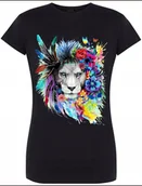 Koszulki i topy damskie - Kolorowy Lew Damski T-shirt Modny Nadruk Rozm.M - miniaturka - grafika 1