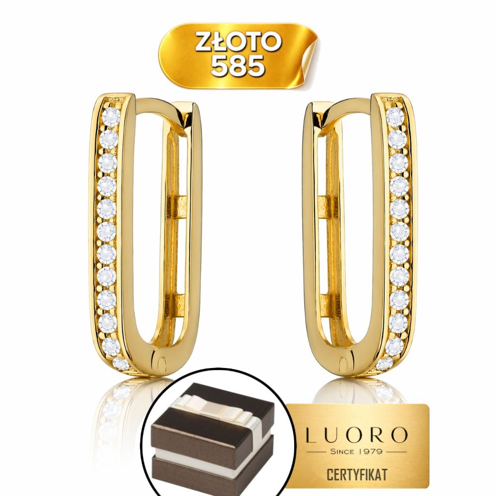 KOLCZYKI ZŁOTE 585 14K PROSTOKĄT Z CYRKONIAMI 15 MM ANGIELSKIE ZAPIĘCIE