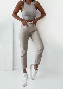 SPODNIE JEANSOWE MOM FIT Z PASKIEM- JASNO BEŻOWE - Olika - Spodnie damskie - miniaturka - grafika 1