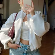 Kurtki damskie - TEMU Damska Jesienna Nowość Jednokolorowa Żebrowana Kurtka Pilotowa z Kieszenią na Zamek, Casualowa i Elegancka, Miękka - miniaturka - grafika 1