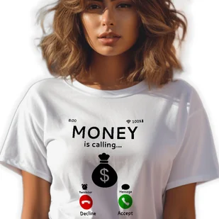 BIAŁA KOSZULKA DAMSKA Krótki Rękaw MONEY IS CALLING Zabawne Wzory Rozm XL - Zestawy upominkowe - miniaturka - grafika 1