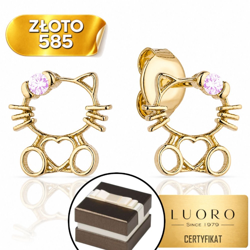 KOLCZYKI ZŁOTE 585 14K KOTEK SERCE RÓŻOWA CYRKONIA SZTYFT 6 MM