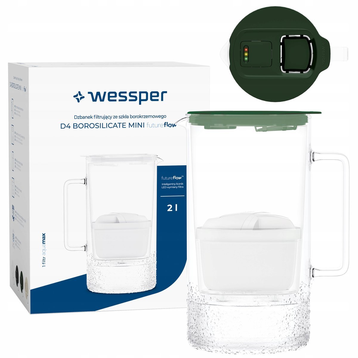 Szklany dzbanek filtrujący z licznikiem LED Wessper D4 BOROSILICATE MINI 2l