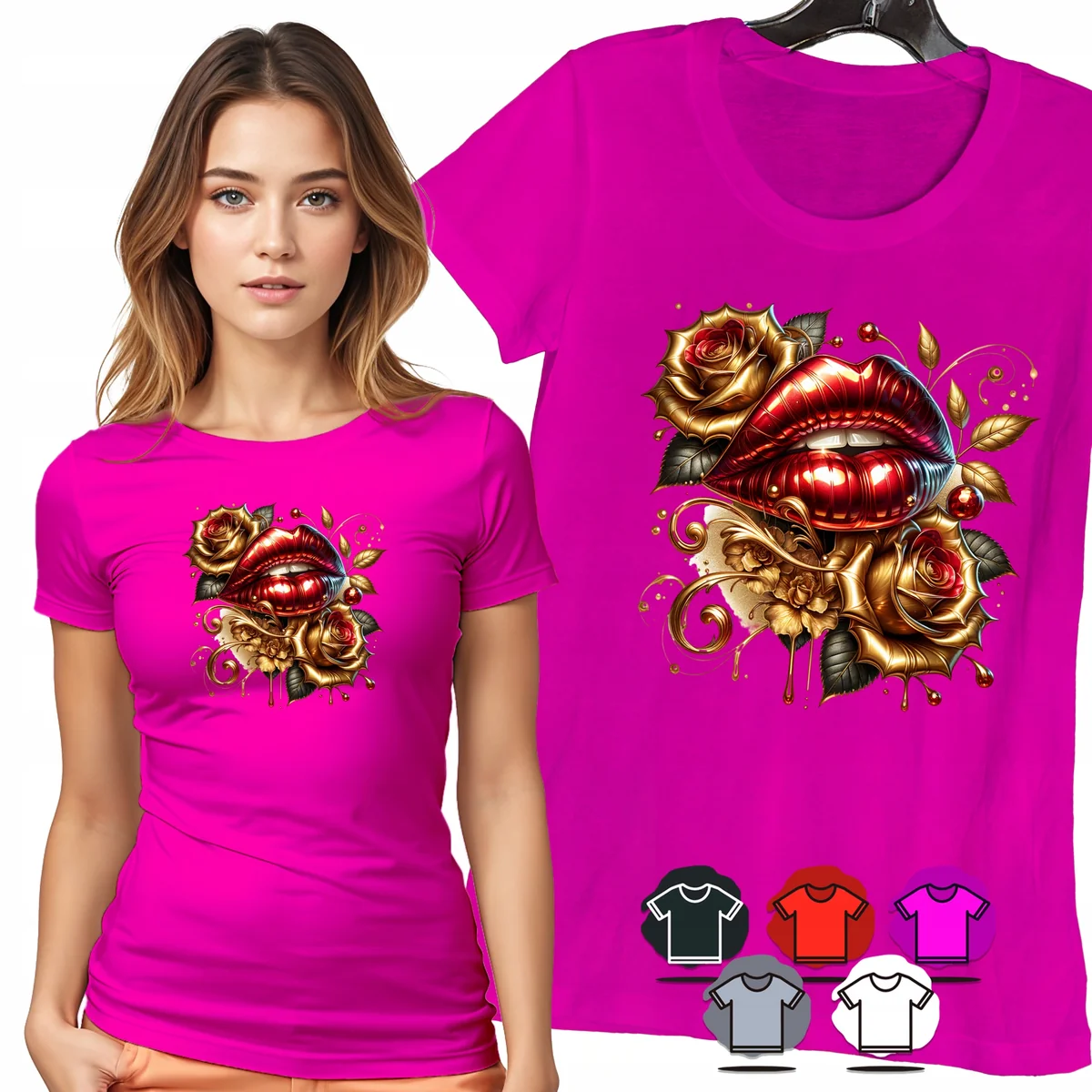 KOSZULKA DAMSKA T-SHIRT - ZŁOTE USTA RÓŻE ELEGANCKI DAMSKI WZÓR MODA - XS