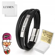 Bransolety męskie - Bransoletka Męska Czarna Skóra Srebrna Z Grawerem Pleciona Skórzana Mocna - miniaturka - grafika 1