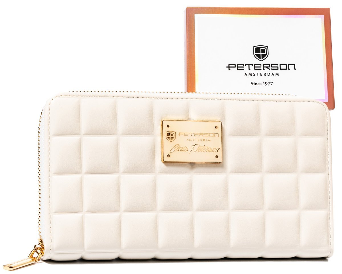 Duży portfel damski Peterson pikowany piórnik na suwak portmonetka na karty, kremowy