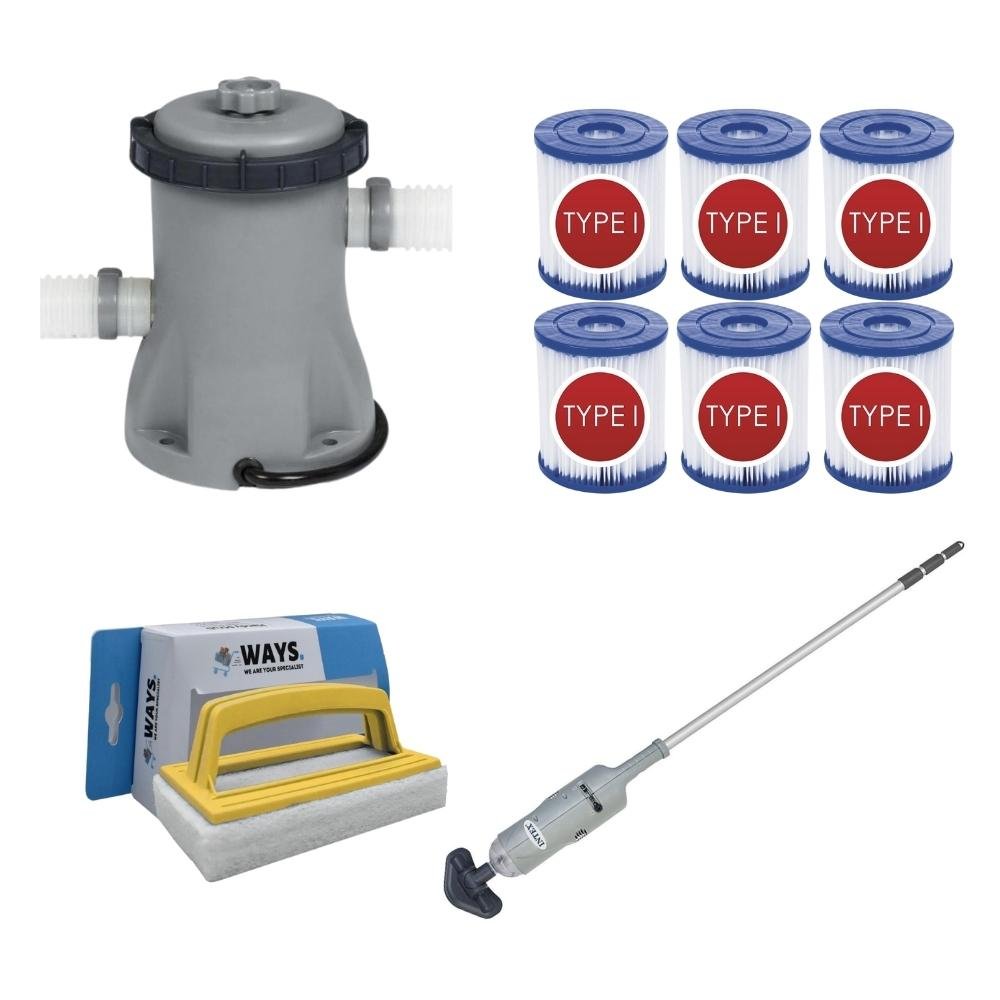 WAYS - Pielęgnacja basenu - Odkurzacz basenowy i pompa filtrująca 1249 l/h i 6 filtrów typu I oraz szczotka szorująca WAYS
